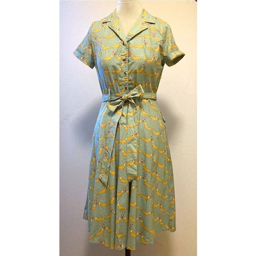 Eva Rose 50s style button front shirtdress green w/wht polka dots and dachshunds